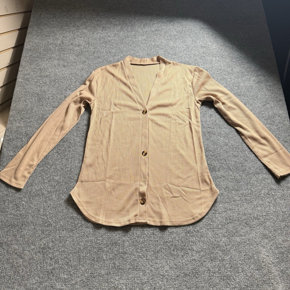 Lightweight Tan Waffle Knit Cardigan Button Front V-Neck Sweater Size Small